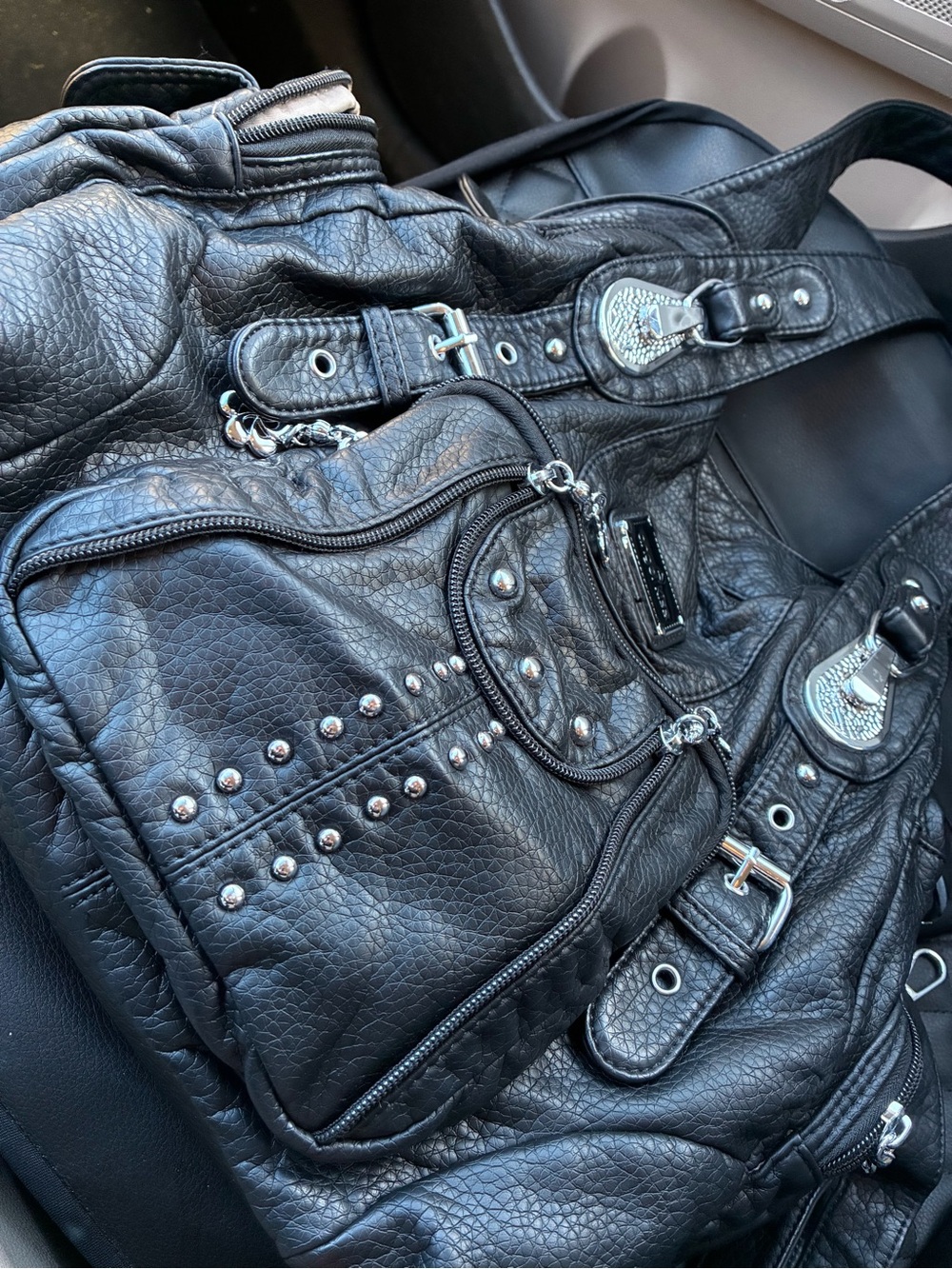 Angel Kiss Black Studded Shoulder Bag with Silver Accents